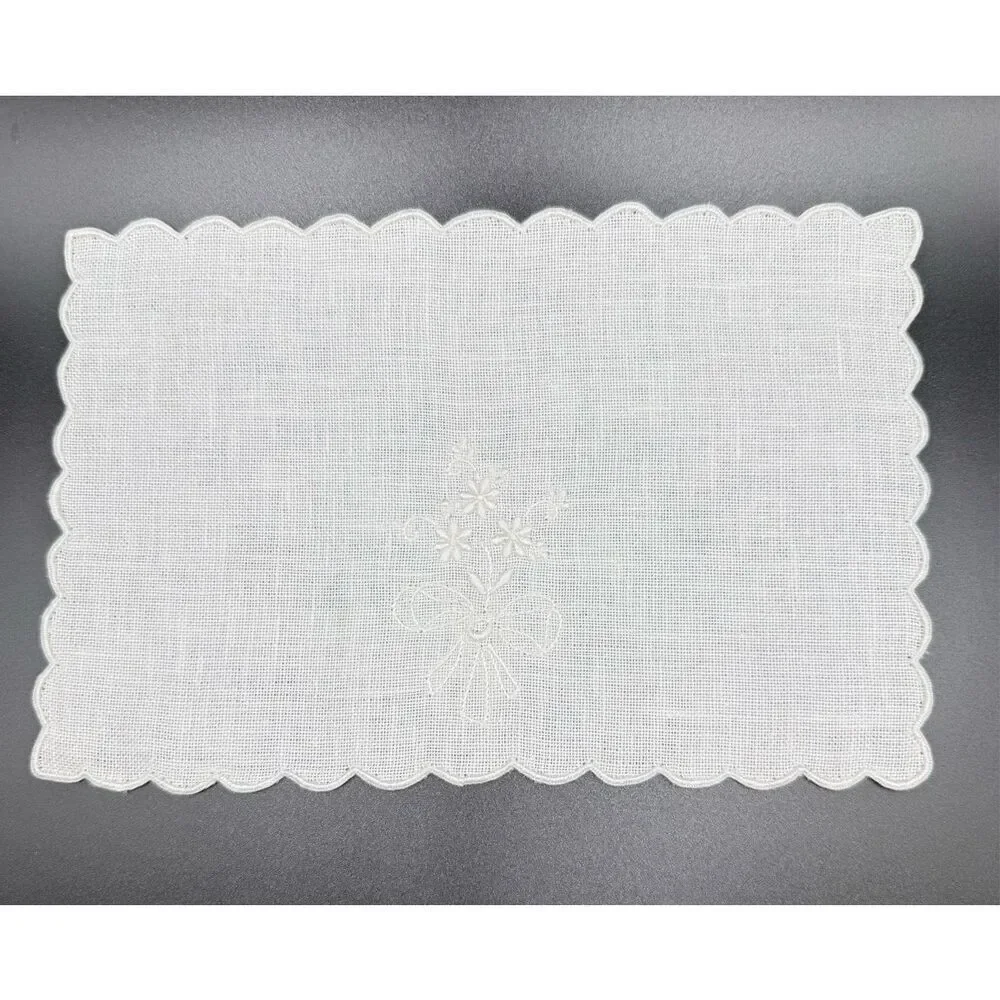 Linen Cocktail Napkins Set of 6 White On White Floral Embroidery 5.5” X 8”